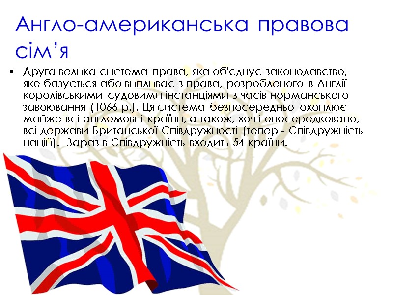 Англо-американська правова сім’я Друга велика система права, яка об'єднує законодавство, яке базується або випливає